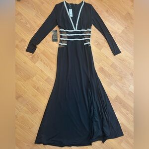 bebe NWT Elegant V neck embellished Black Long Sleeve Dress/Gown